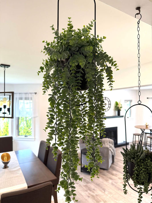 hanging faux plant eucalyptus with dripping stems in metal black planter