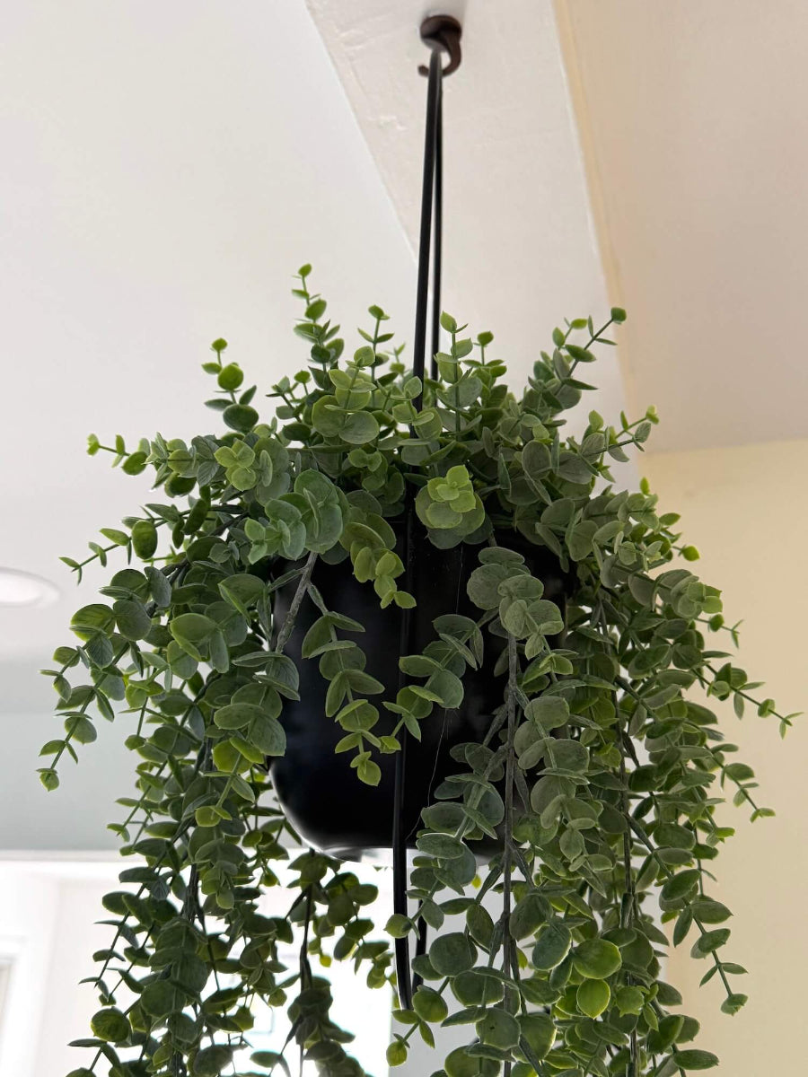 close up for hanging faux eucalyptus plant with cascading stems in modern metal black matte planter