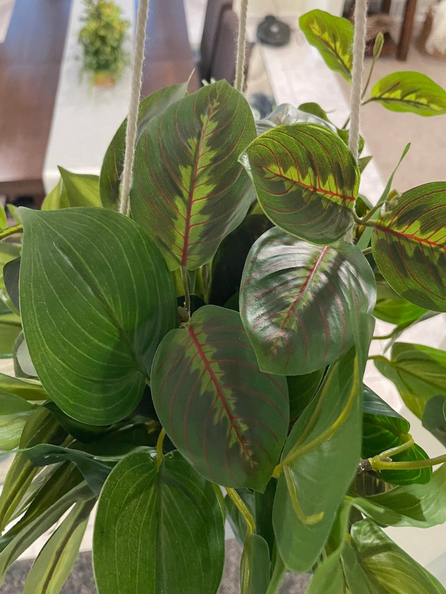 mix of faux plants of variety of green shades and shape in white ceramic hanging pot