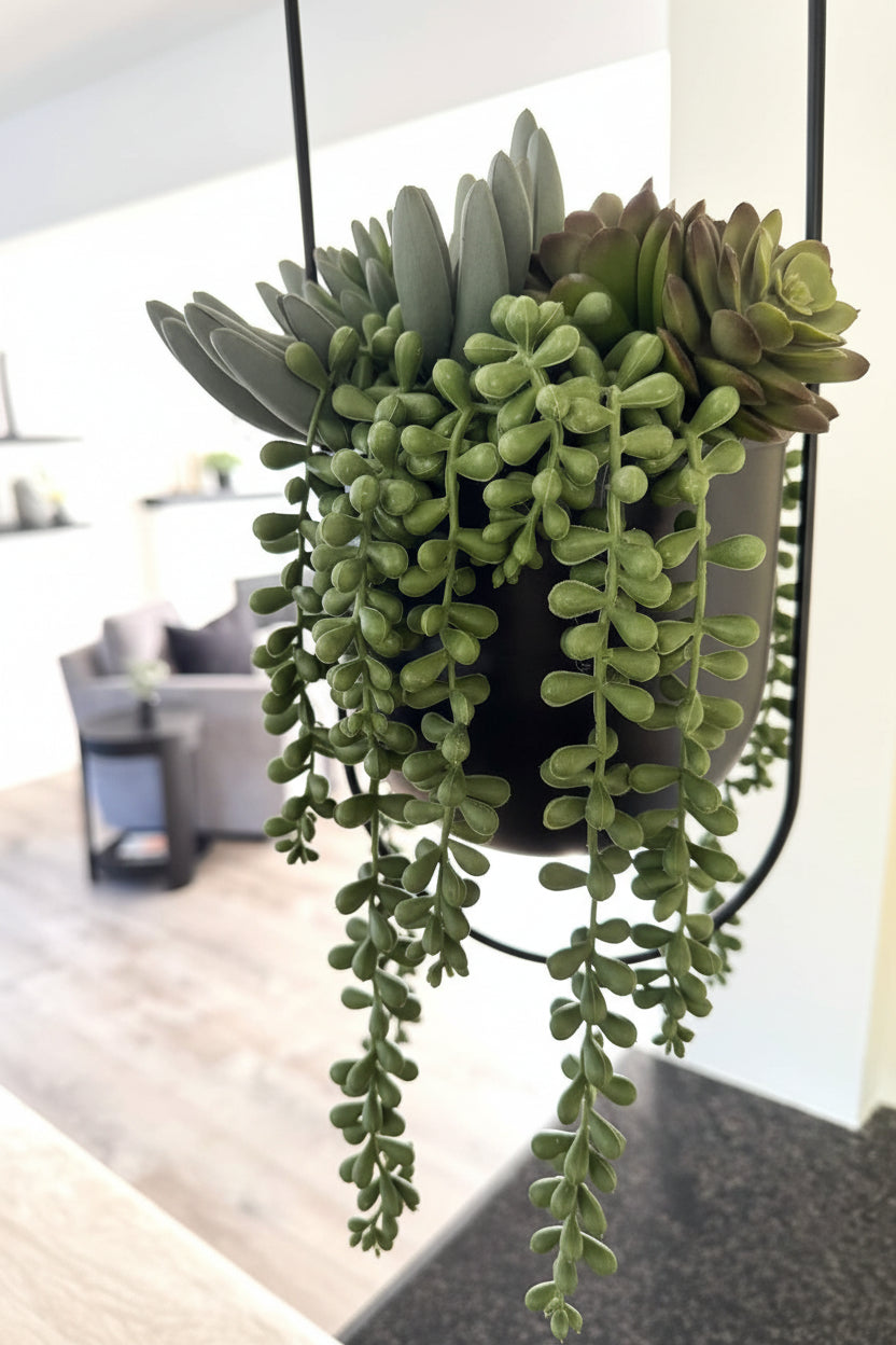 realistic looking succulents arrangement in hanging black metal planter on a chain
