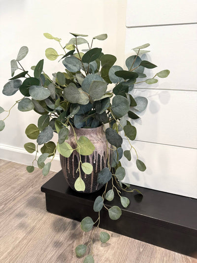 Large realistic looking Faux Silver Dollar Eucalyptus in unique Ceramic Vase