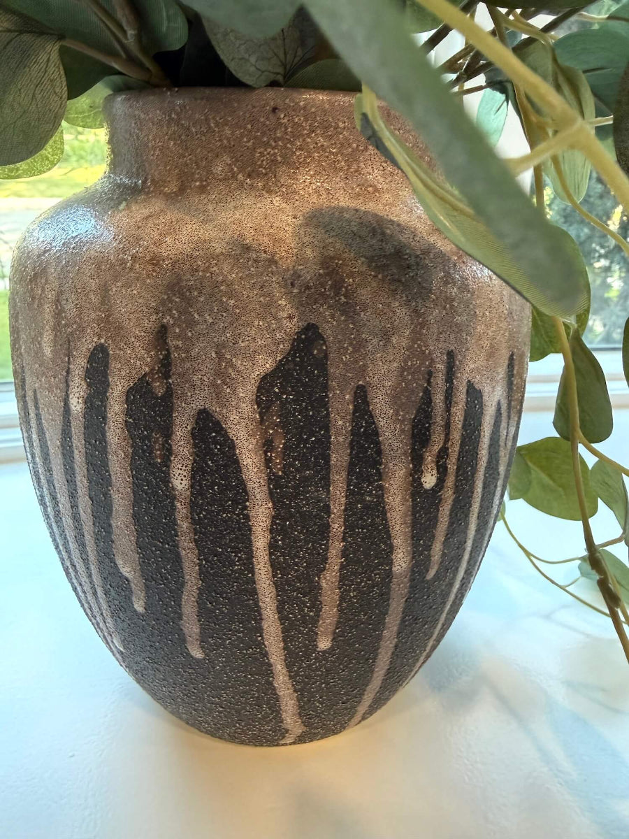 close up for unique vase of Large realistic looking Faux Silver Dollar Eucalyptus in unique Ceramic Vase