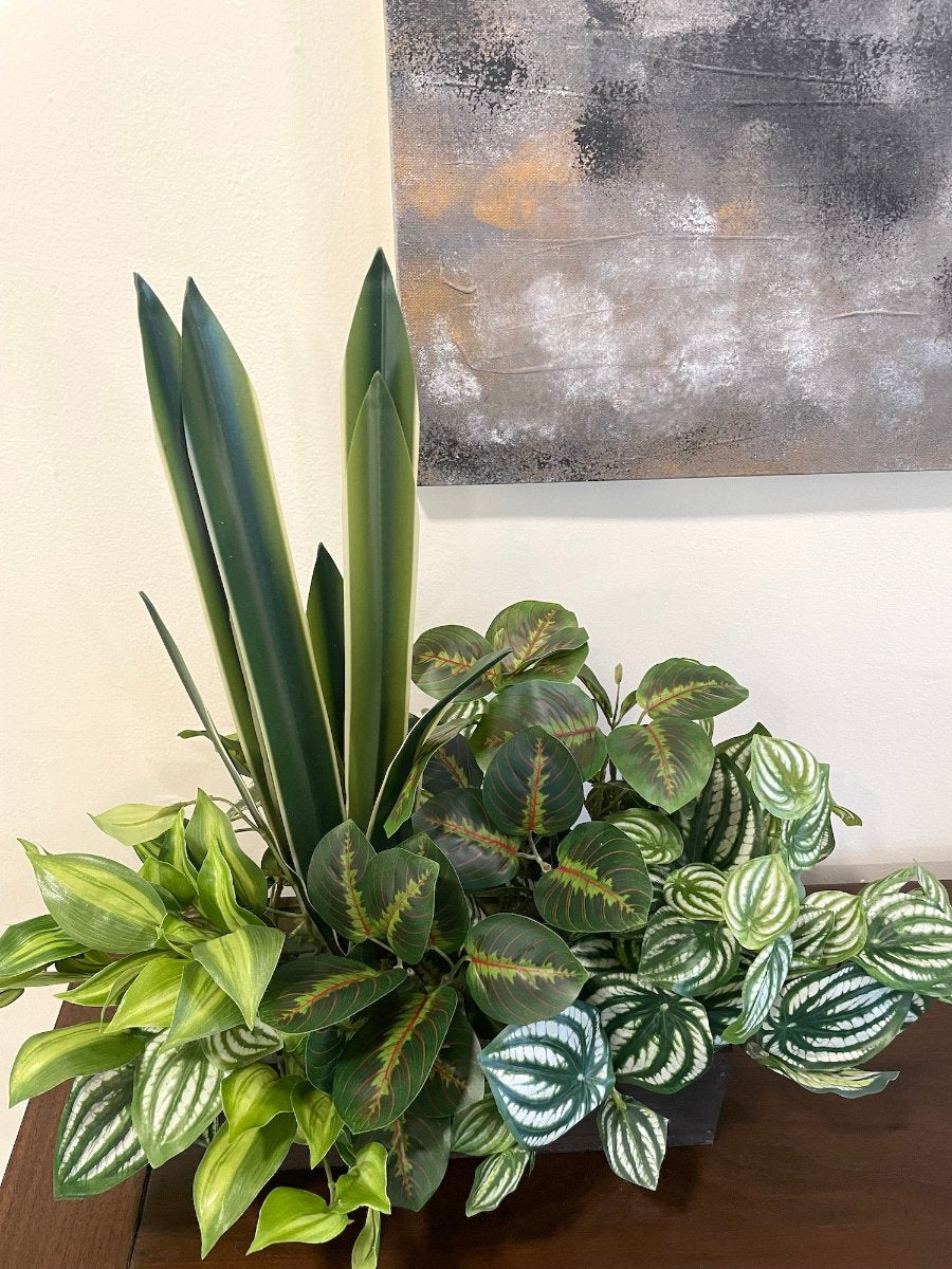 indoor ledge planter Artificial Ledge Plant in Espresso Wooden Planter, Faux Greenery Decor – allseasonshousedecor.com