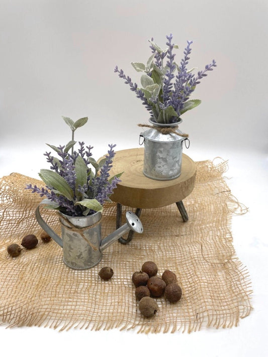 Mini Lavender Plant Arrangement in Metal Vase Set of 2, Fake Plant Tiered Tray Rustic Decor