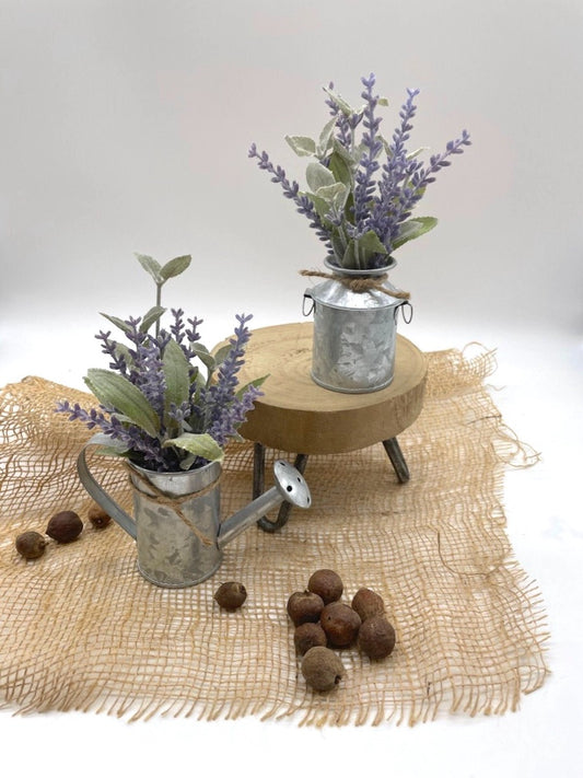 Mini Lavender Plant Arrangement  Set of 2 in metal watering can and vase