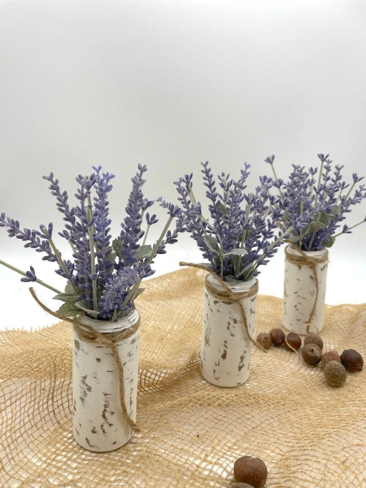 Lavender Plant mini Arrangement in white distressed glass vase decorated with jute set of 3
