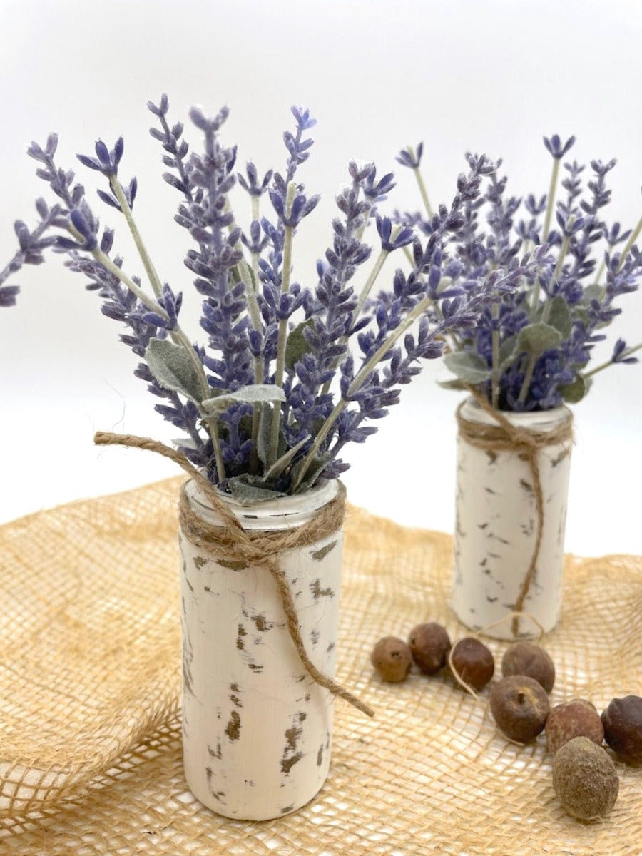 close up of Lavender Plant Arrangement in mini glass vase painted in white and distressed