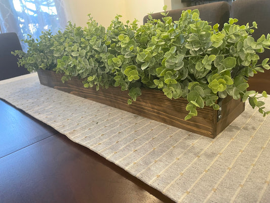 realistic Faux Eucalyptus Arrangement in Long Wooden Planter with handles