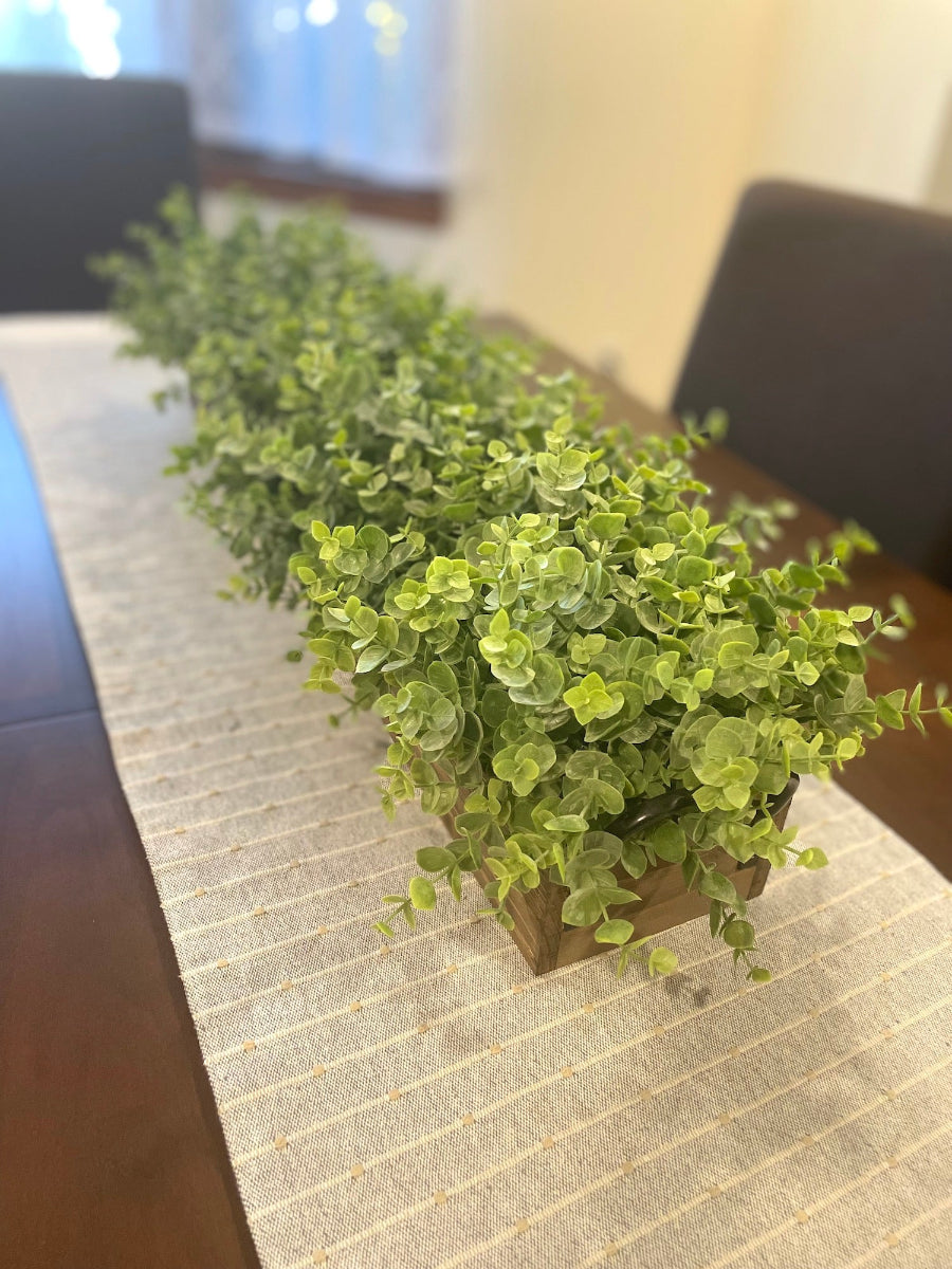 close up for lifelike Faux Eucalyptus Arrangement in Long Wooden Planter