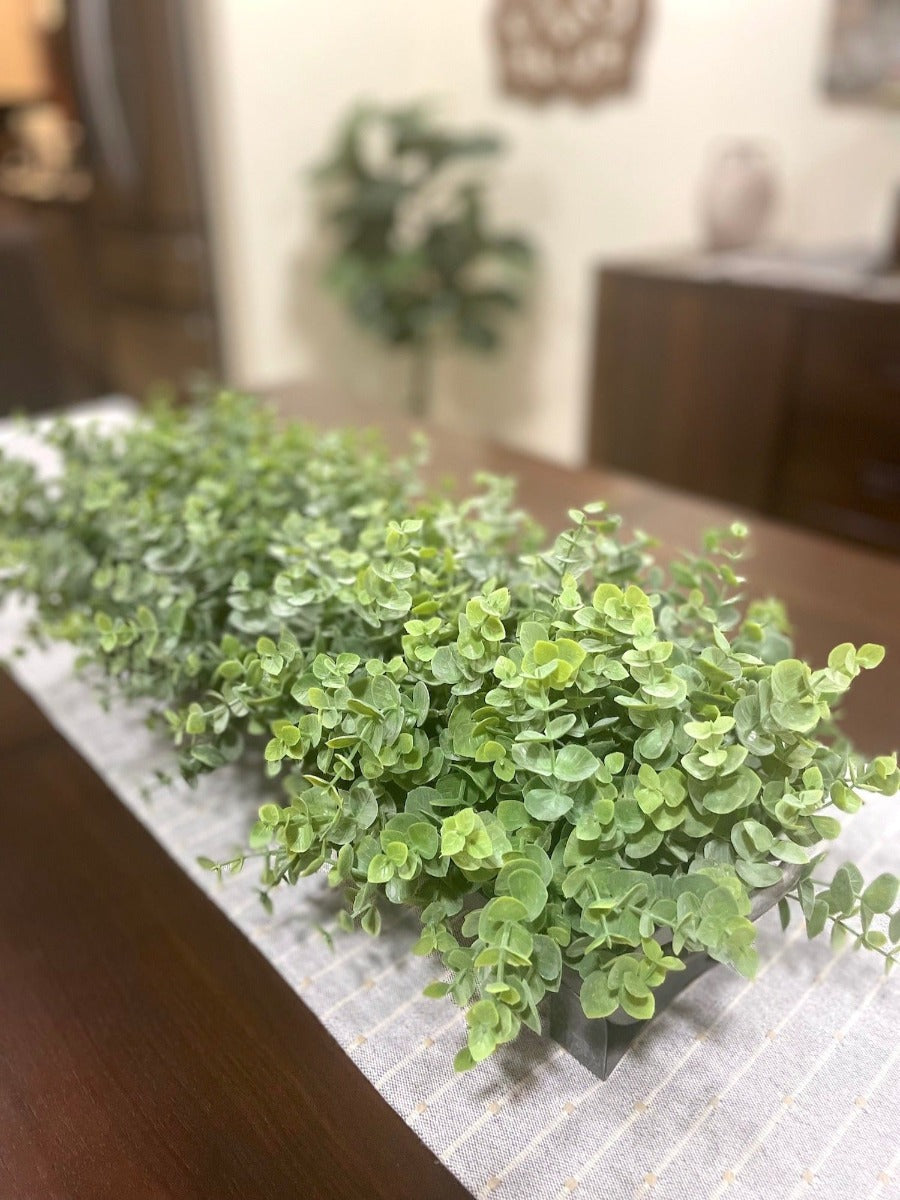 close up for Faux Eucalyptus Arrangement in long metal galvanized planter