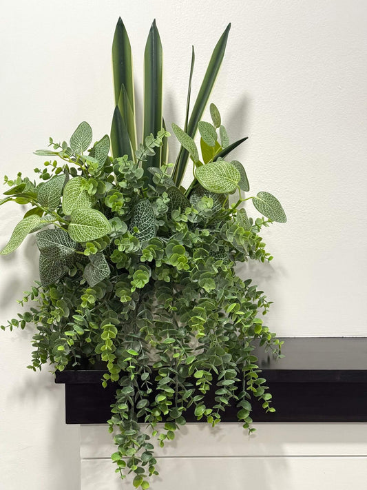 mix of 3 types of faux greenery in tall large lush arrangement in white ceramic pot