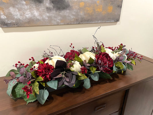 Luxury Fall Centerpiece with Faux Pumpkins & Flowers – Burgundy Thanksgiving Table Decor