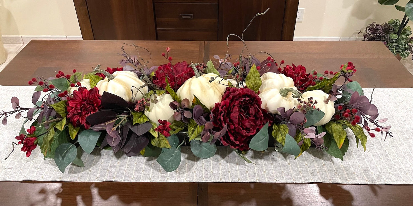 Luxury Fall Centerpiece with Faux Pumpkins & Flowers – Burgundy Thanksgiving Table Decor