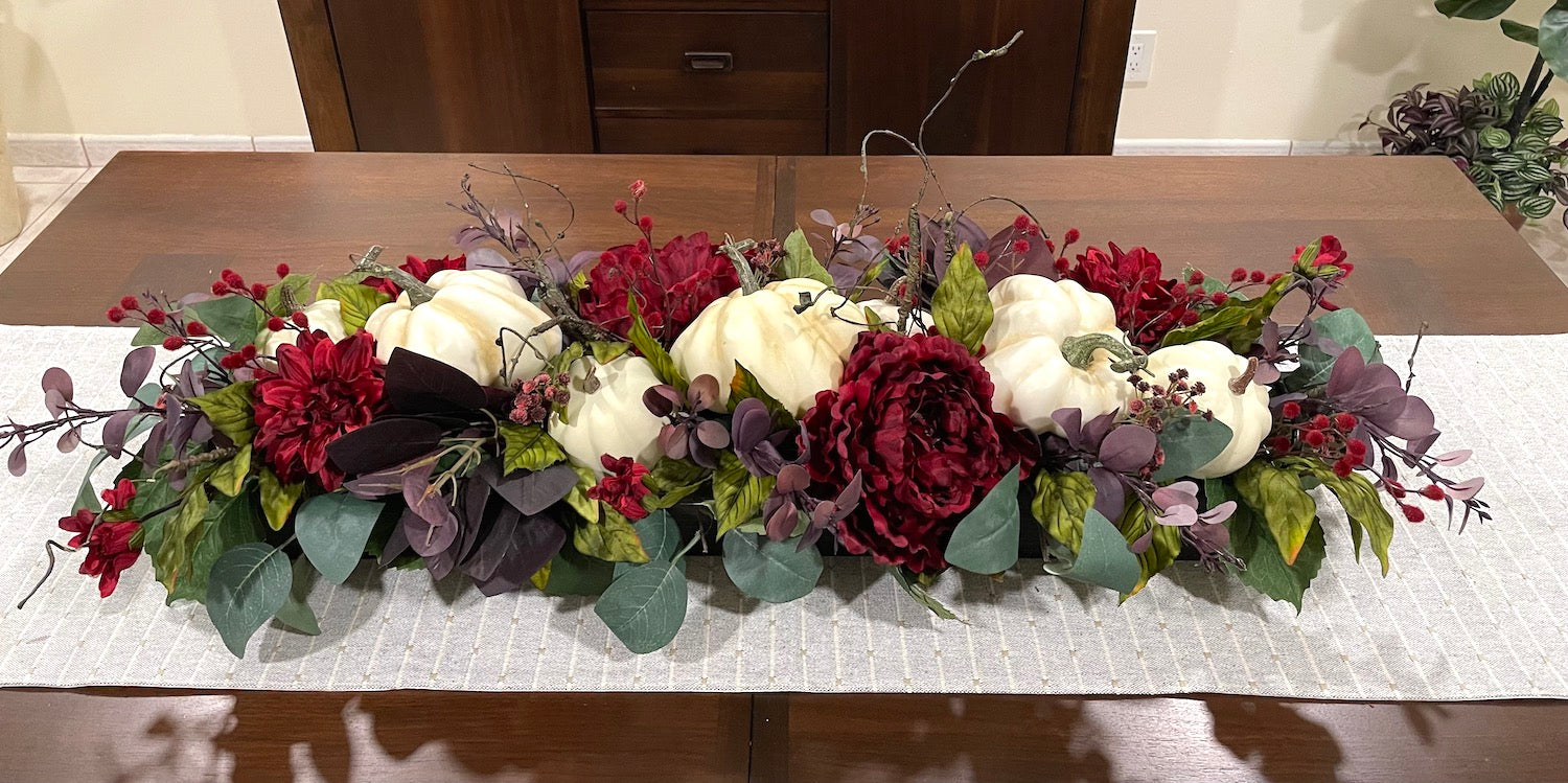 Luxury Fall Centerpiece with Faux Pumpkins & Flowers – Burgundy Thanksgiving Table Decor