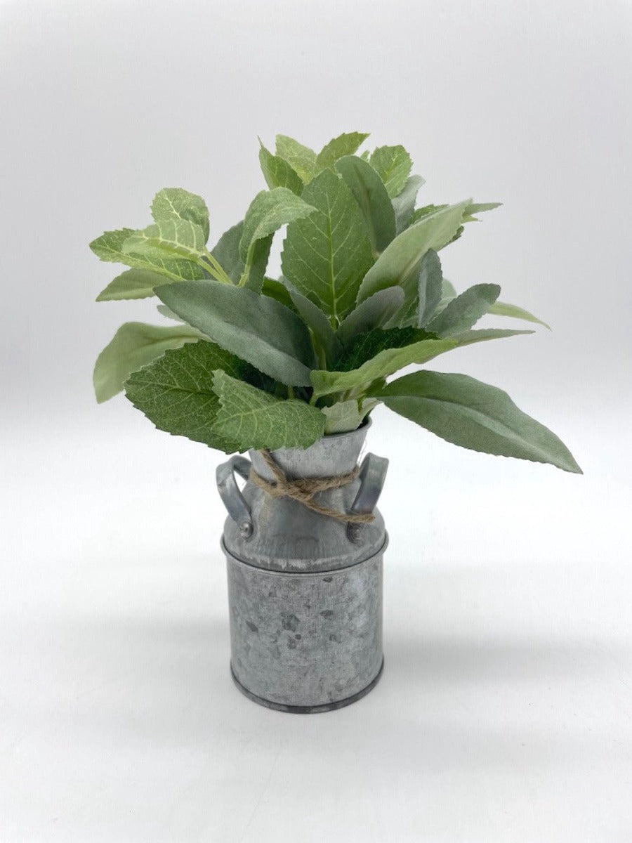 Mini Fake Plant bouquet of mint and sage in Metal Vase decorated with jute