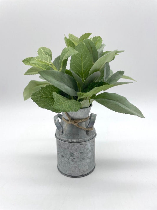 Mini Fake Plant bouquet of mint and sage in Metal Vase decorated with jute