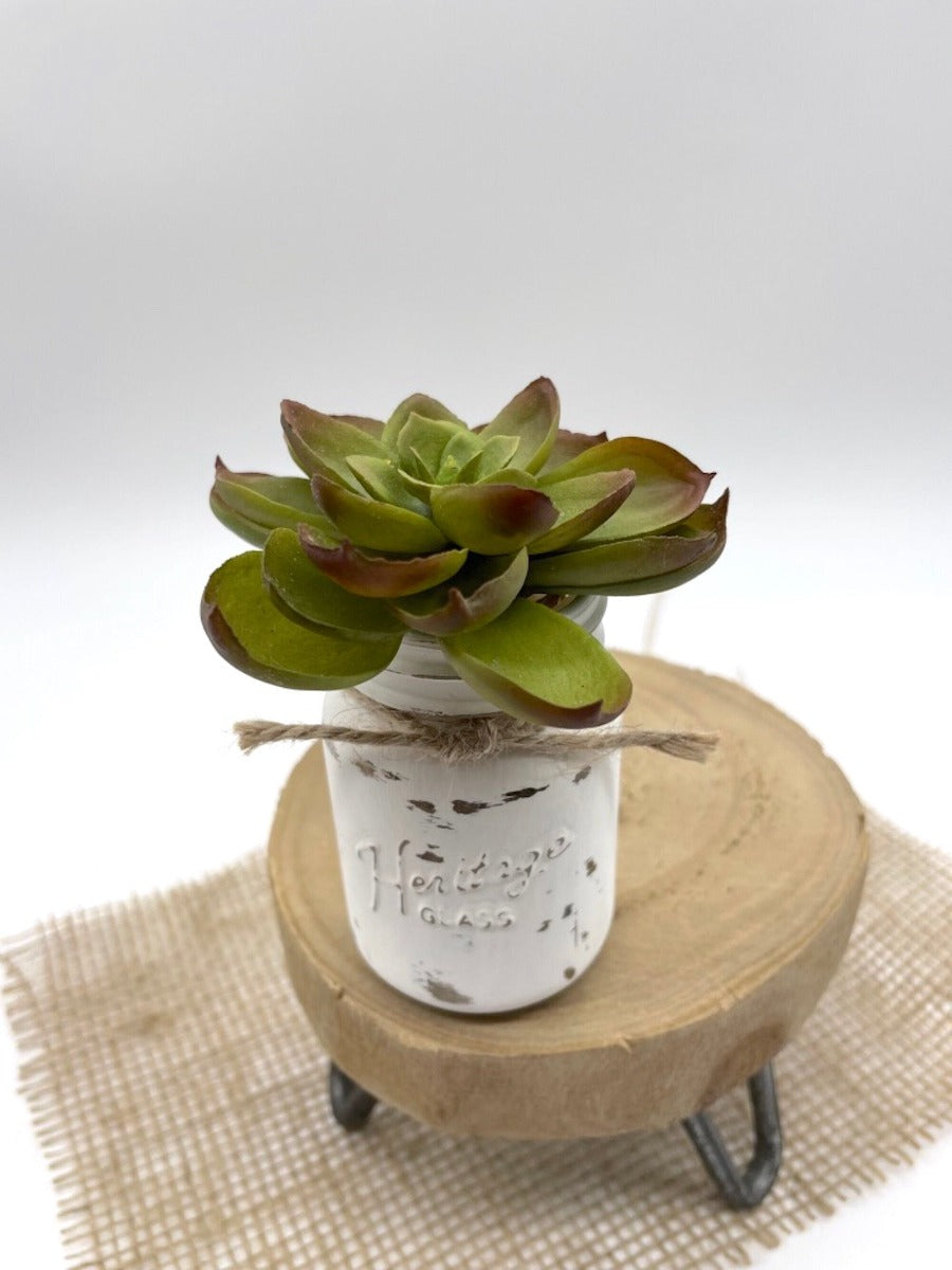 Mini green Fake Succulent in glass jar painted in white and distressed and decorated with jute