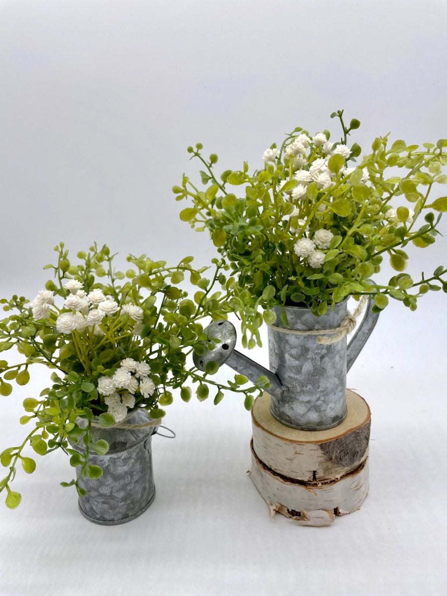 Mini greenery and white Flower Arrangement set of 2 in metal vase and watering can decorated with jute