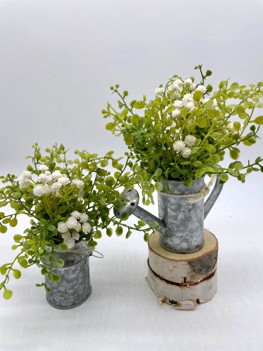 Mini greenery and white Flower Arrangement set of 2 in metal vase and watering can decorated with jute
