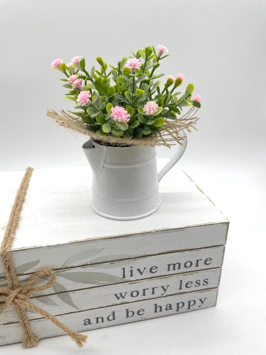 Mini Floral Arrangement in White Pitcher, Farmhouse Small Tiered Tray Decor