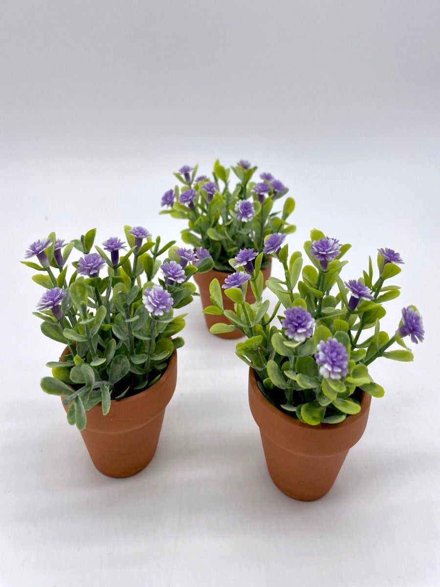 Mini Floral Arrangements Set of 3 clay pots with purple wildflowers