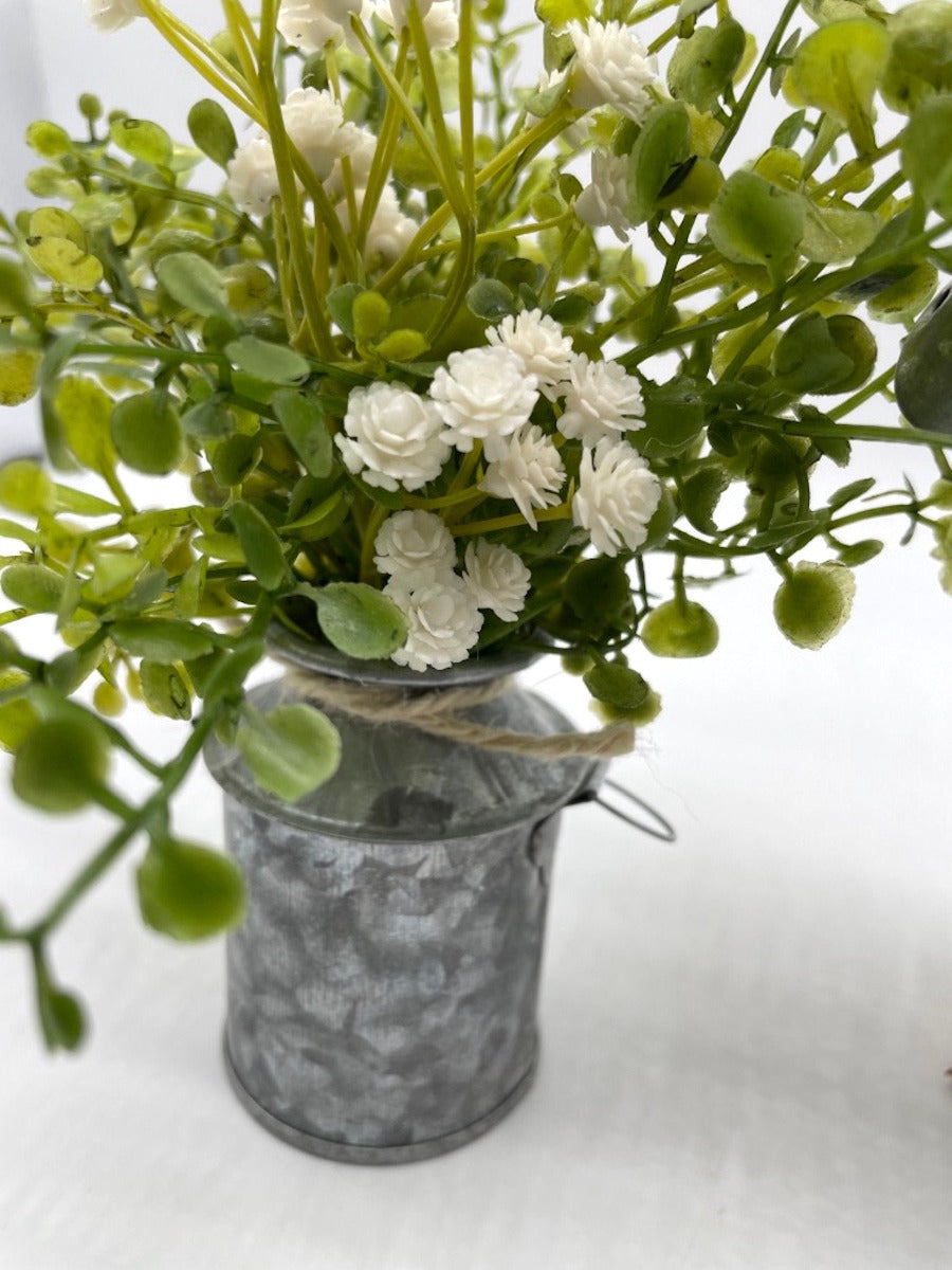 Mini greenery and white Flower Arrangement set of 2 in metal vase and watering can decorated with jute