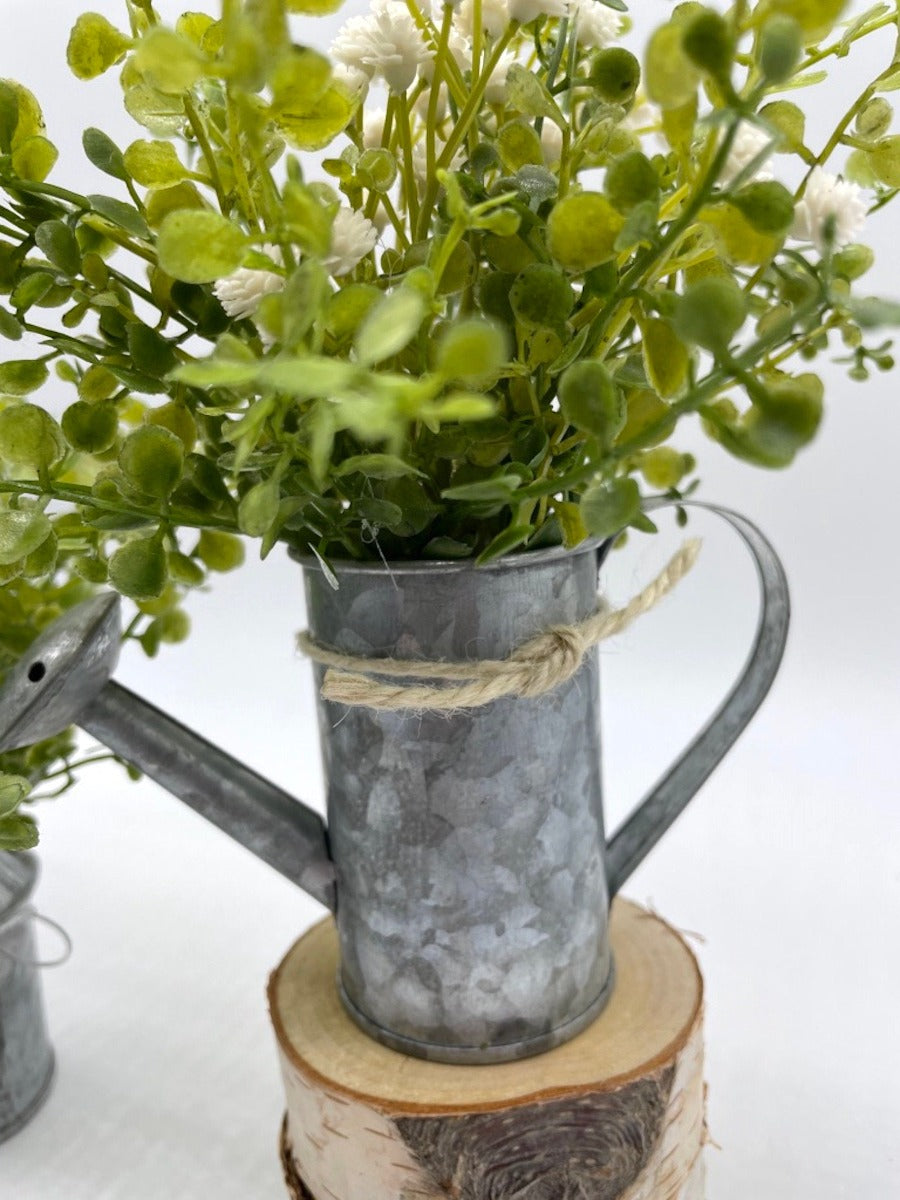 Mini greenery and white Flower Arrangement set of 2 in metal vase and watering can decorated with jute