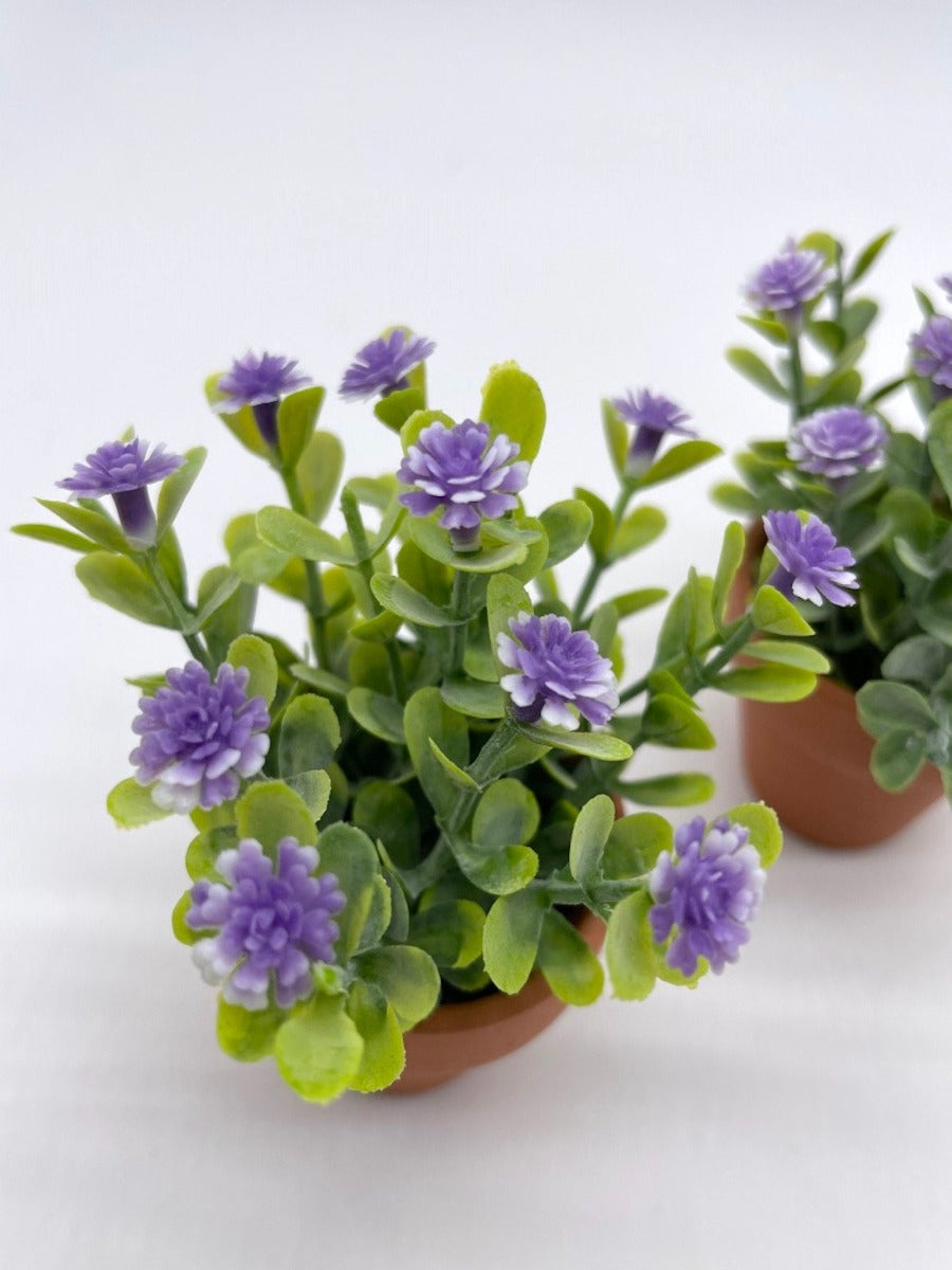 view from top Mini Floral Arrangements Set of 3 clay pots with purple wildflowers