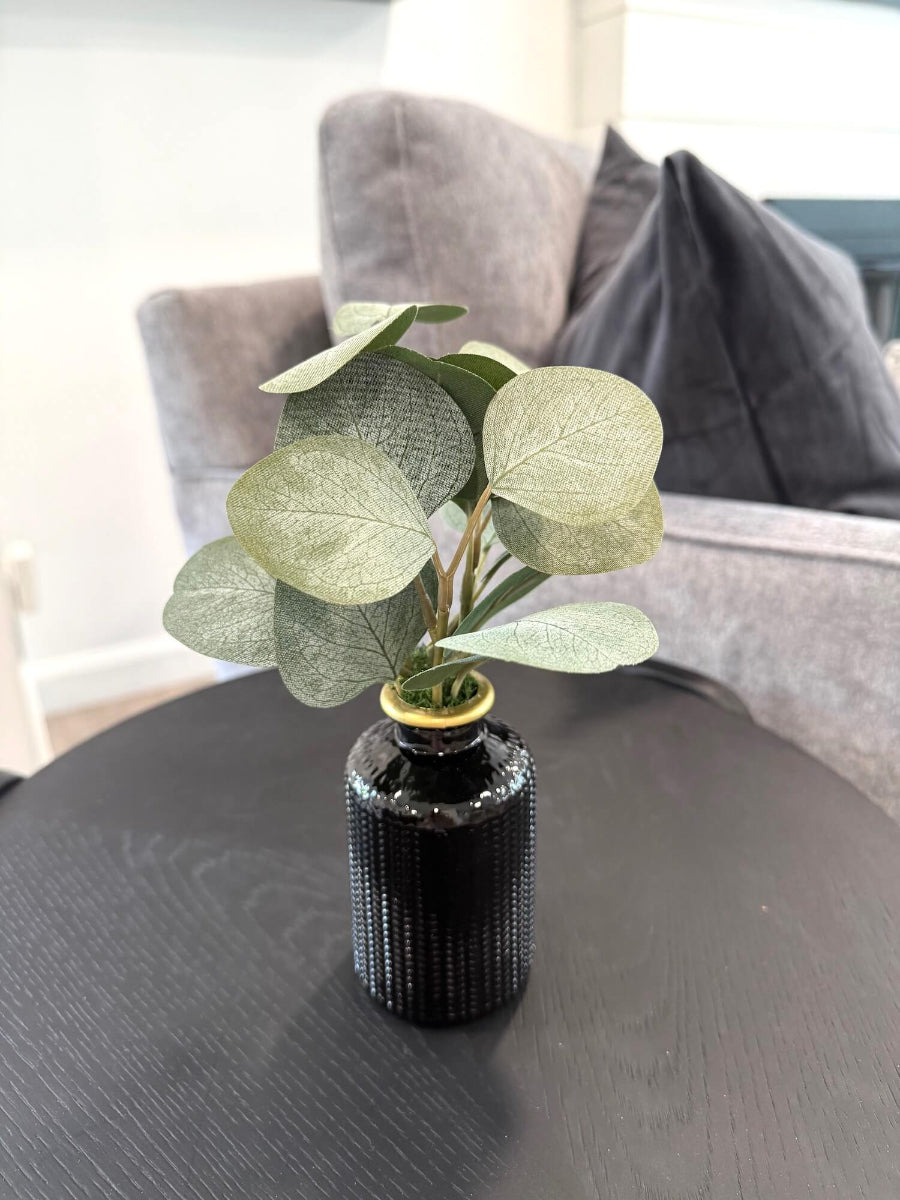 small faux silver dollar eucalyptus arrangement in elegant black ceramic vase