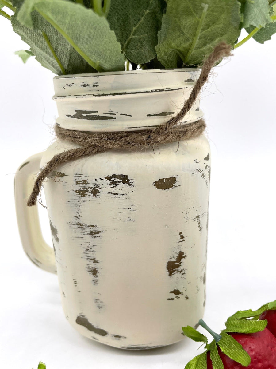 close up for Faux Mint in Mason Jar painted in ivory and distressed and decorated with jute