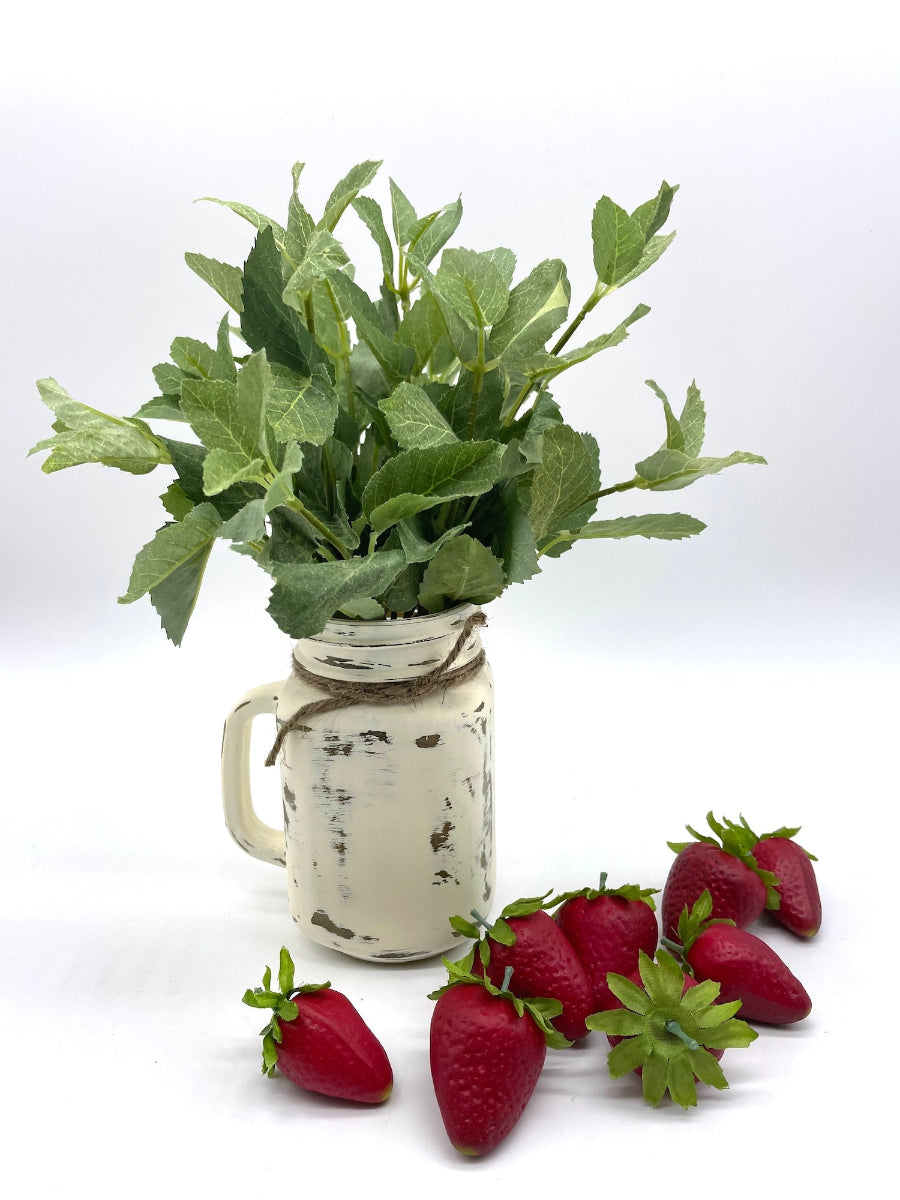 Faux Mint in Mason Jar painted in ivory and distressed and decorated with jute