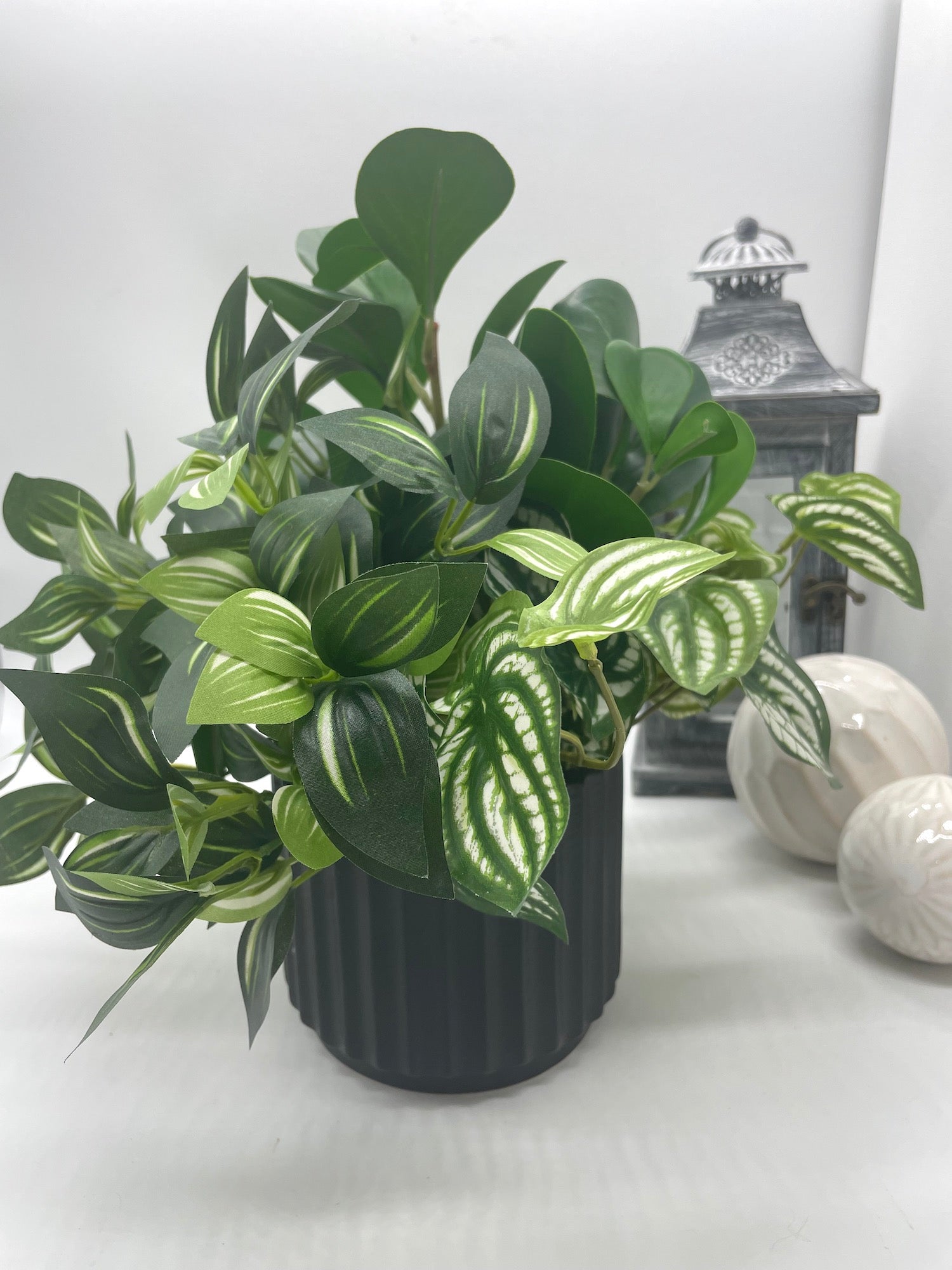 Fake Plants Home Decor, Lifelike Rare House Plants, Artificial Plant Mix in Black Ceramic Pot, Elegant Silk Greenery in Green and Green-White Colors, Faux Plants for Bathroom, Bedroom, Kitchen, Living Room
