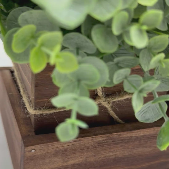 video of set of 2 realistic looking faux plants -eucalyptus and vivid greenery in wooden vases/planters on wooden tray
