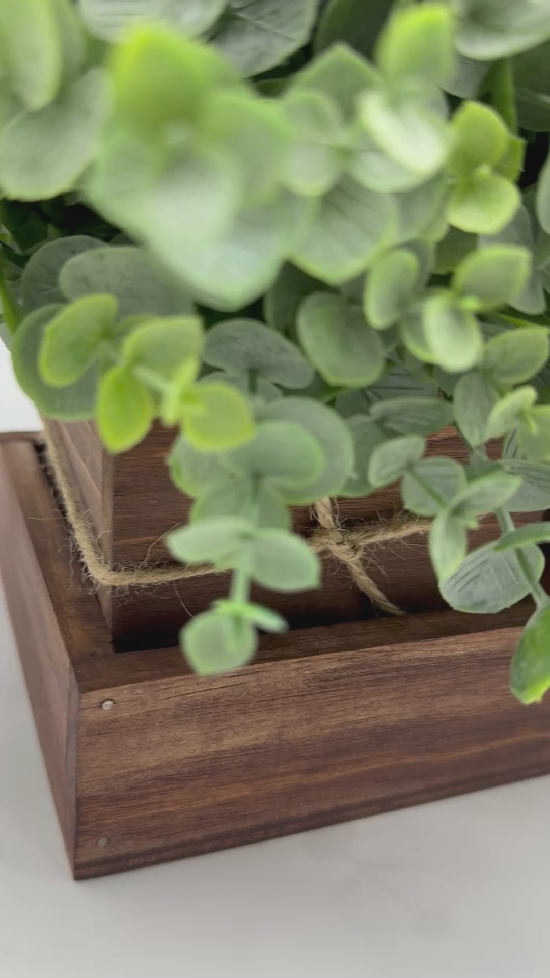video of set of 2 realistic looking faux plants -eucalyptus and vivid greenery in wooden vases/planters on wooden tray