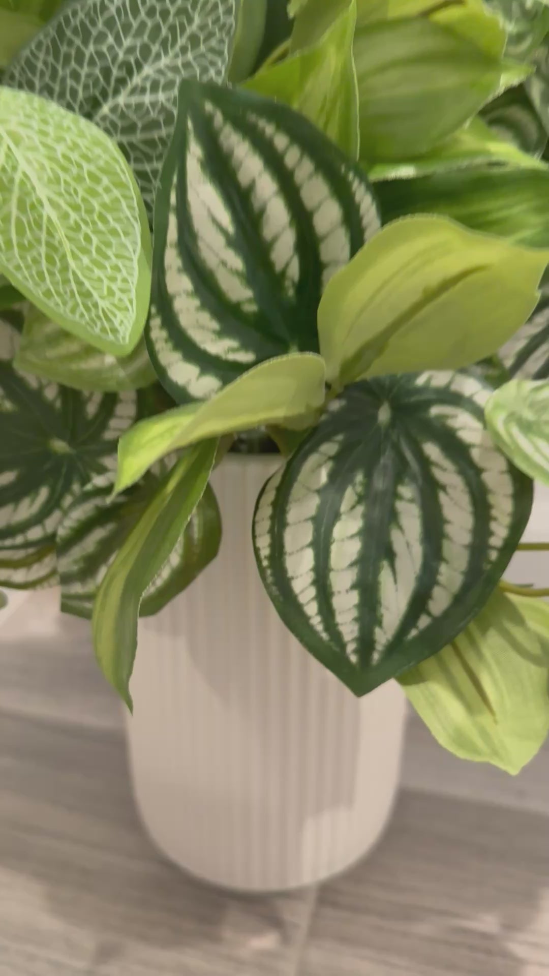 video of tall faux plant arrangement in white ceramic vase, created with 3 types of plants - green with white stripes, perfect for floor or counters