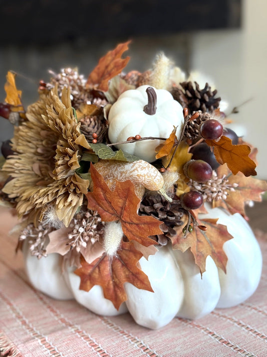 Fall Centerpiece on White Wooden Pumpkin – Harvest Arrangement with Faux Flowers & Pumpkins