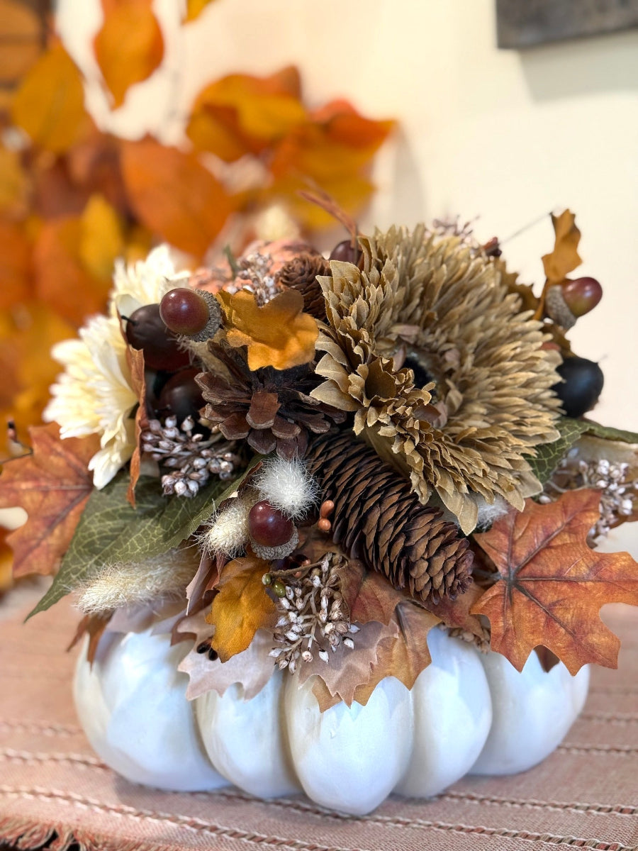 Fall Centerpiece on White Wooden Pumpkin – Harvest Arrangement with Faux Flowers & Pumpkins