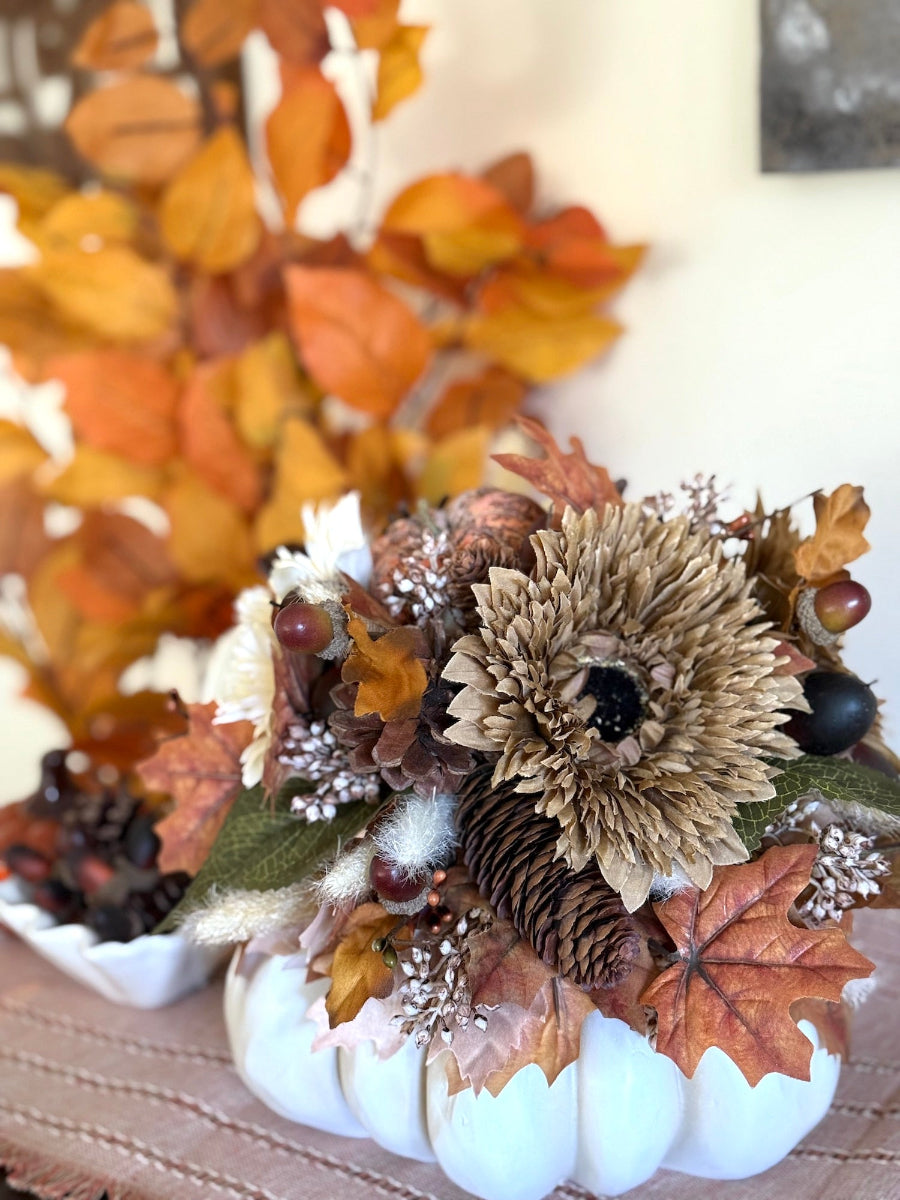 Harvest Arrangement with Faux Flowers & Pumpkins on white wooden pumpkin
