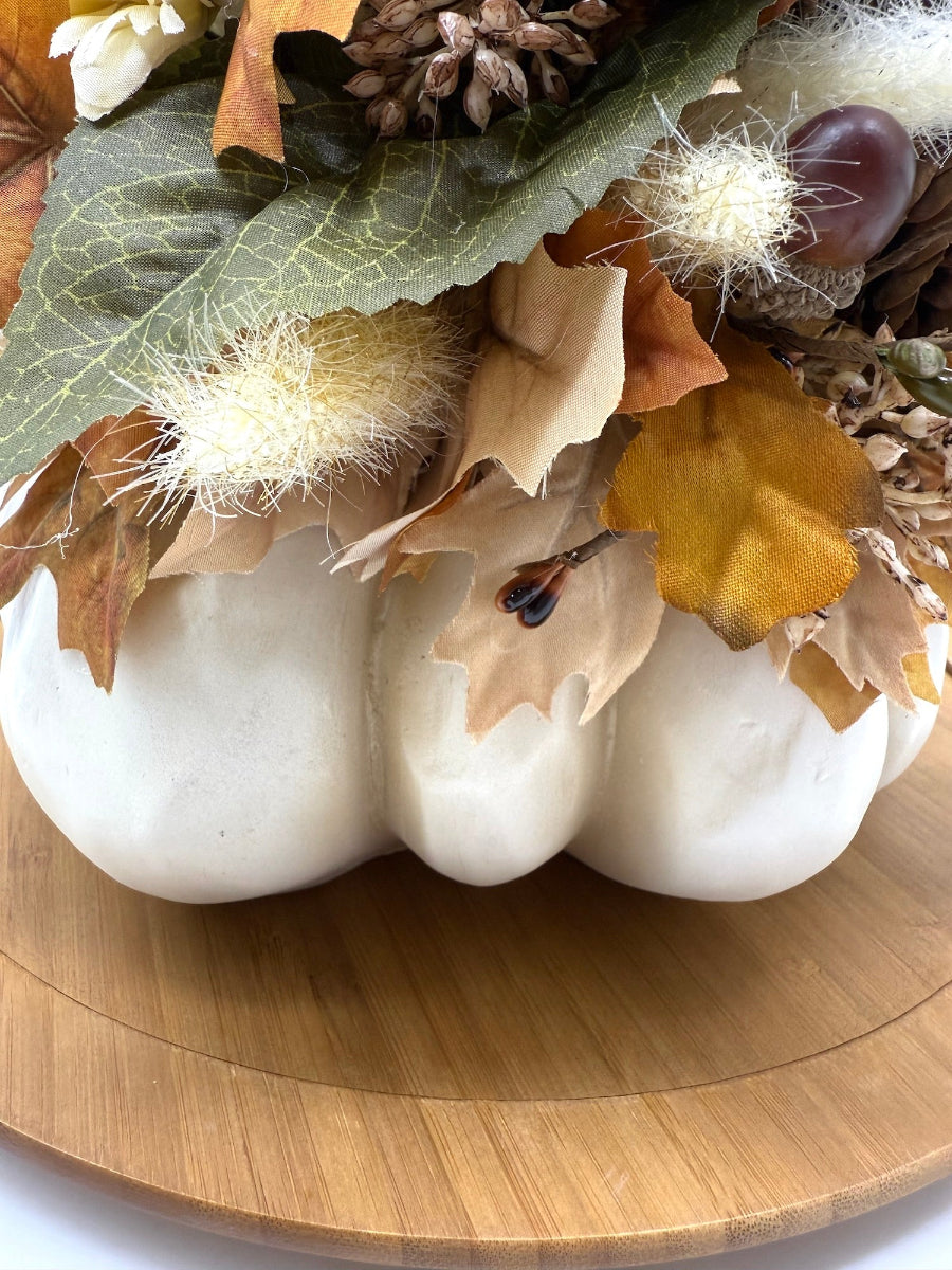 Fall Centerpiece on White Wooden Pumpkin – Harvest Arrangement with Faux Flowers & Pumpkins