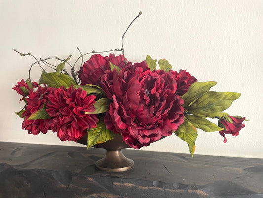 Elegant Floral Arrangement, Realistic Faux Flowers in Unique Oval Vase, Stunning Burgundy Centerpiece