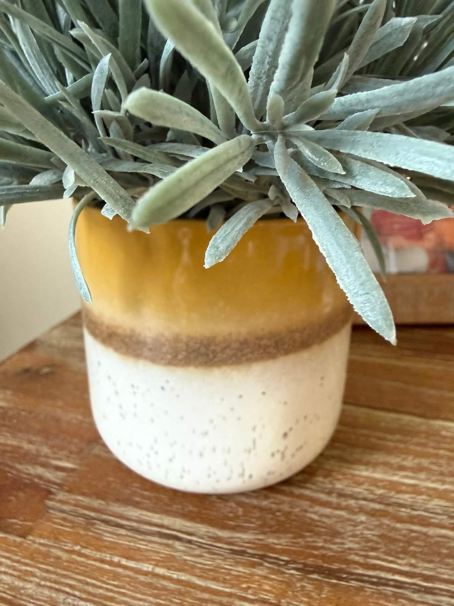 close up for pot of realistic looking lush faux rosemary plant in yellow ceramic pot