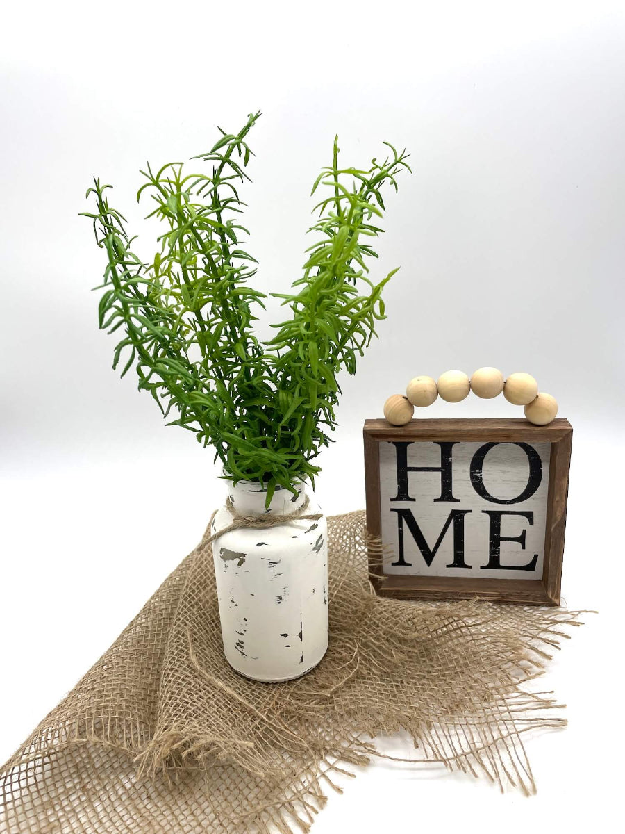 vivid green faux Rosemary Arrangement in Bottle Vase painted in white and distressed and decorated with jute