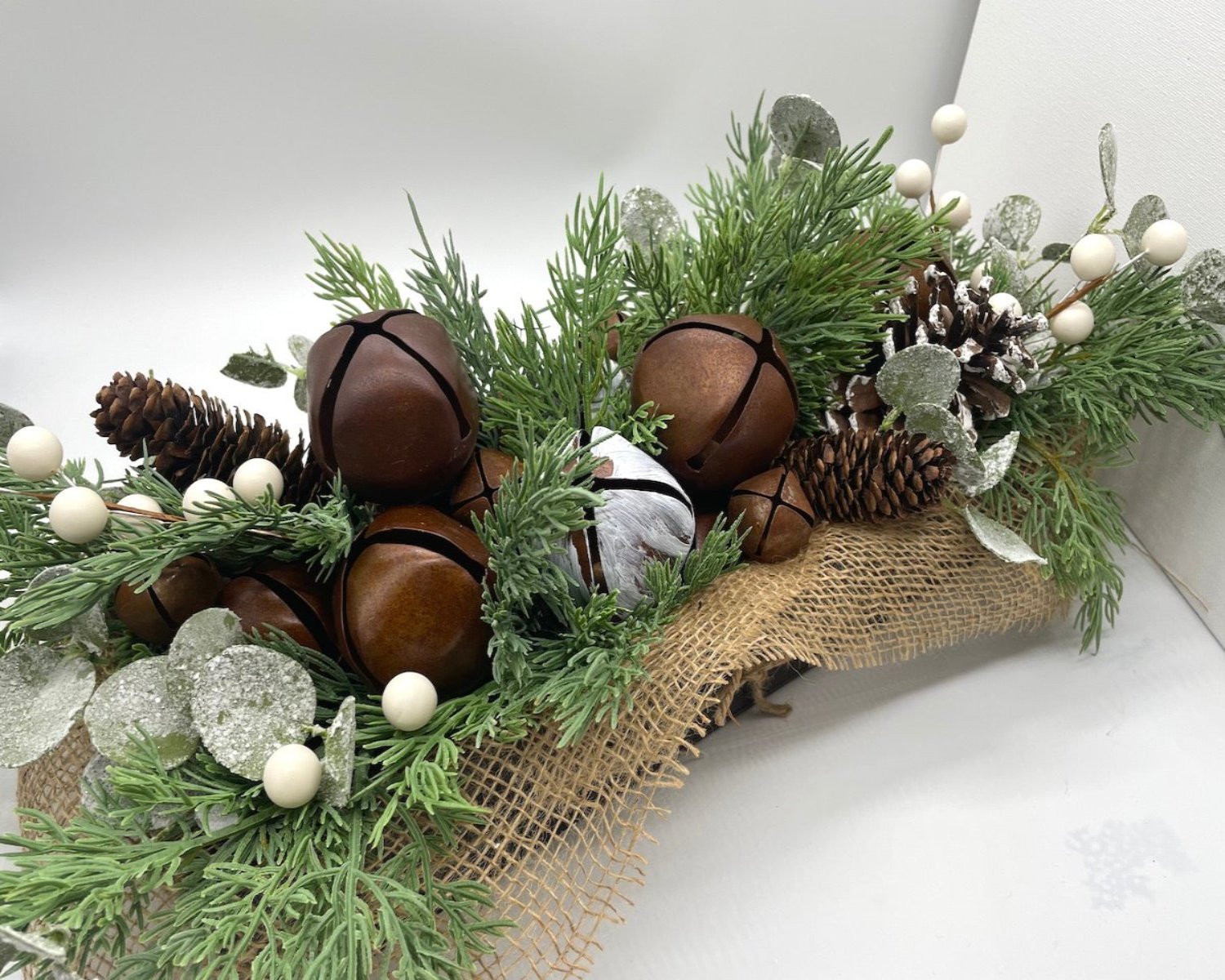 Christmas Centerpiece, Rustic Christmas Table Decor, Winter Arrangement with Metal Bells