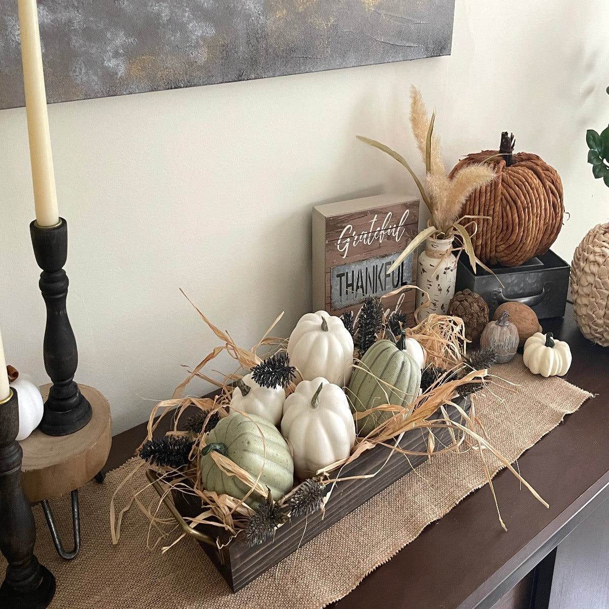 Fall Centerpiece with Pumpkins, Rustic Autumn Arrangement for Living Room