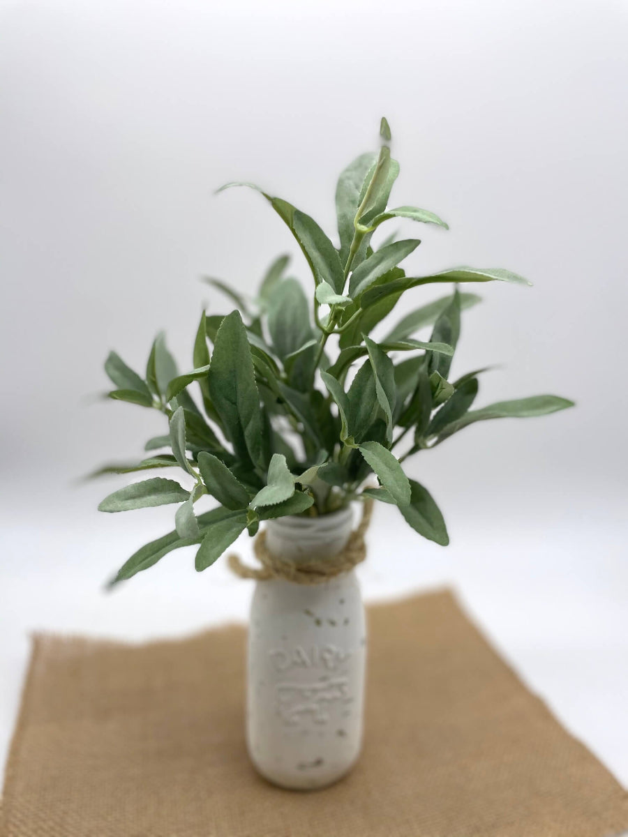 view from top, close up for realistic looking faux sage plant arrangement in Dairy bottle vase painted in white and distressed and decorated with rope