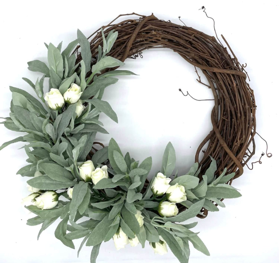 faux sage wreath with ivory roses on grapevine base