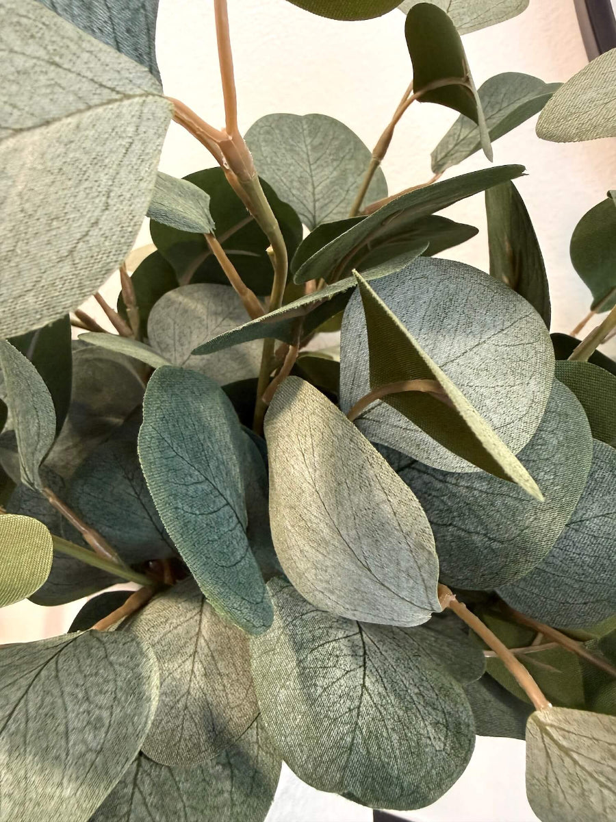 close up for leaf: realistic elegant silver dollar eucalyptus arrangement in white matte ceramic textured vase
