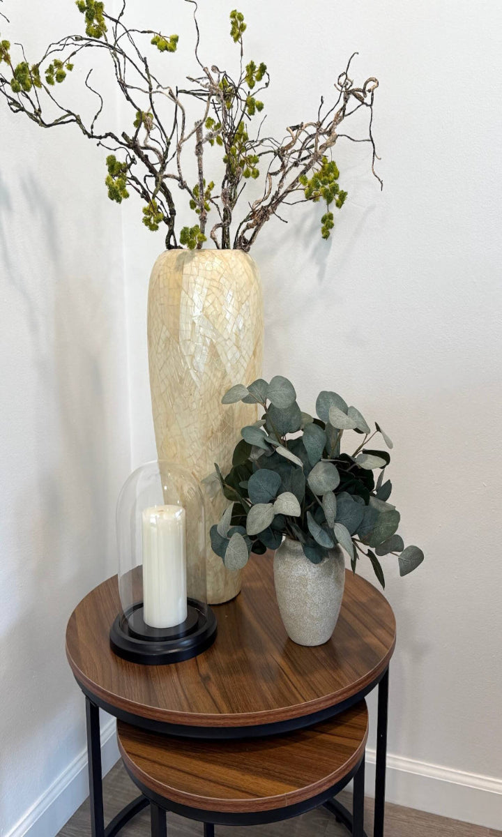 elegant realistic lush silver dollar eucalyptus in stone-like ceramic beige vase side table decor