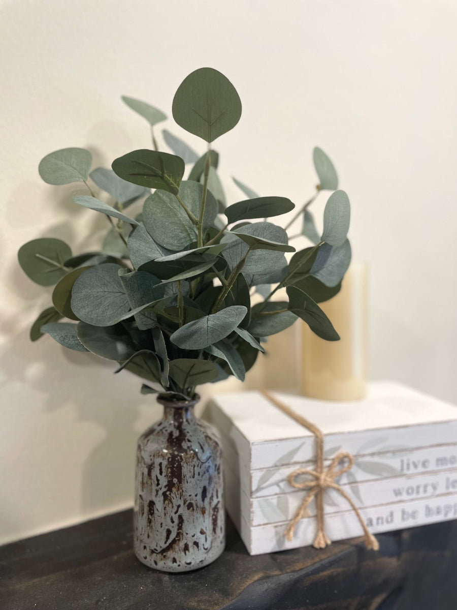 Silver Dollar Eucalyptus Stems in ceramic Vase in gray and brown