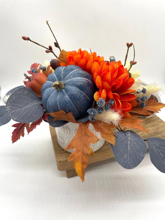 Blue Pumpkin Decor for Coffee Table, Fall Farmhouse Small Centerpiece, Autumn Floral Arrangement in Ceramic Vase, by AllSeasonsHouseDecor